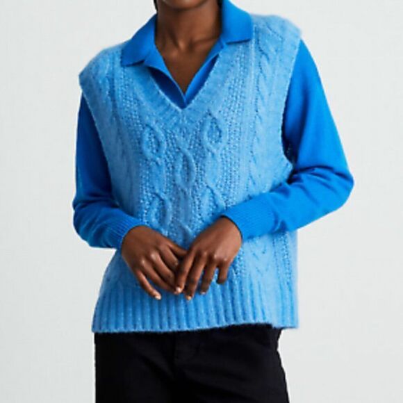 Everlane Cloud Cable Knit Wool Alpaca Cotton Sweater Vest Lake Blue Oversized XS - Picture 1 of 7